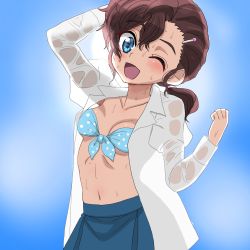 Rule 34 | 1girl, arm behind head, arm up, backlighting, bikini, bikini top only, blue background, blue bikini, blue eyes, blue sky, blush, breasts, brown hair, cleavage, collarbone, collared shirt, gegege no kitarou, hair ornament, hairclip, highres, inuyama mana, long sleeves, looking at viewer, messy hair, navel, one eye closed, open clothes, open mouth, open shirt, polka dot, polka dot bikini, ponytail, shirt, skirt, sky, small breasts, smile, stomach, sun, sweat, sweaty clothes, swimsuit, tekisui, upper body, wet, wet clothes, white shirt