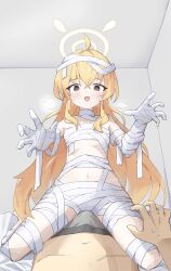 1boy 1girl absurdres ahoge blonde_hair blue_archive breasts breath deuroseu fang gauze halloween_costume halo heavy_breathing highres long_hair mummy_costume navel pov small_breasts straddling thigh_sex yoshimi_(halloween)_(blue_archive)