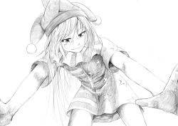 Rule 34 | 1girl, american flag dress, clownpiece, collar, frilled collar, frilled shirt collar, frills, from below, greyscale, hat, highres, jester cap, long hair, looking at viewer, monochrome, neck ruff, short sleeves, simple background, smug, solo, touhou, very long hair, white background, zekutoba