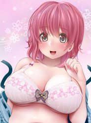 Rule 34 | 1girl, blue kimono, bra, breasts, cleavage, hand up, japanese clothes, kimono, kozue akari, large breasts, looking at viewer, medium hair, off shoulder, paid reward available, pink bra, pink eyes, pink hair, paid reward available, saigyouji yuyuko, smile, solo, touhou, underwear, underwear only, white bra