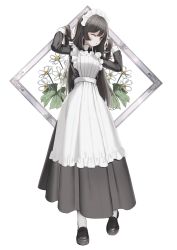 Rule 34 | 1girl, absurdres, apron, black dress, black footwear, black hair, brown hair, commentary request, dress, floral background, flower, frilled apron, frills, full body, hands up, highres, holding, holding own hair, loafers, long hair, long sleeves, maid, maid apron, maid headdress, original, pantyhose, shii (kairi-t-k0317), shoes, solo, standing, very long hair, white apron, white background, white flower, white pantyhose