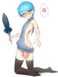 Rule 34 | 10s, 1boy, anger vein, ass, backless outfit, bad id, bad pixiv id, black thighhighs, blue eyes, blue hair, blush, butt crack, fate/extra, fate/extra ccc, fate/grand order, fate (series), from behind, full body, glasses, halterneck, hans christian andersen (fate), looking back, male focus, meme attire, mitsukuni, simple background, solo, spoken anger vein, sweatdrop, sweater, thighhighs, virgin killer sweater, white background