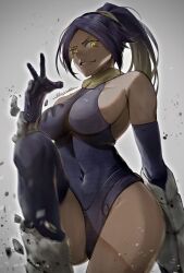 Rule 34 | 1girl, bare shoulders, black gloves, black leotard, black thighhighs, bleach, breasts, commentary request, covered navel, dark-skinned female, dark skin, debris, elbow gloves, gloves, hand up, highleg, highleg leotard, highres, ikuyoan, large breasts, leg up, leotard, long hair, looking at viewer, parted bangs, parted lips, ponytail, purple hair, shihouin yoruichi, sideboob, signature, simple background, smile, solo, thighhighs, yellow eyes