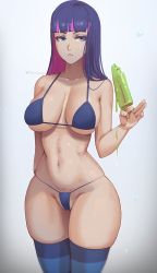 Rule 34 | 1girl, :c, bad id, bad twitter id, bikini, blue eyes, blue hair, breasts, eyelashes, food, half-closed eyes, large breasts, looking at viewer, micro bikini, narrow waist, panty &amp; stocking with garterbelt, phat smash, pink hair, popsicle, signature, simple background, solo, stocking (psg), striped clothes, striped thighhighs, swimsuit, thick thighs, thighhighs, thighs, toned, twitter username, wide hips