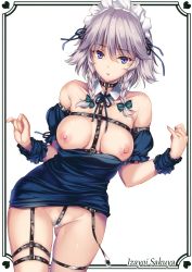 Rule 34 | 1girl, absurdres, bar censor, blue eyes, blush, breasts, breasts out, censored, clothes lift, collarbone, female focus, female pubic hair, highres, izayoi sakuya, large breasts, maid headdress, monety, nipples, no bra, no panties, non-web source, open mouth, pubic hair, scan, simple background, skirt, skirt lift, solo, touhou, white background, white hair