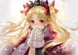 Rule 34 | 1girl, blush, bow, cape, closed mouth, earrings, ereshkigal (fate), fate/grand order, fate (series), hair bow, jewelry, long hair, looking at viewer, mittens, motion blur, nose blush, own hands together, parted bangs, red bow, red cape, scarf, smile, snowflakes, snowing, solo, sparkle, tareme, terai (teraimorimori), tiara, tohsaka rin, two side up, upper body, very long hair, white scarf