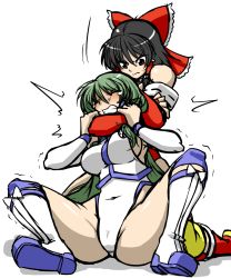 Rule 34 | 2girls, alternate costume, angry, arm around neck, arm grab, ass, bare shoulders, blush, bow, breasts, brown eyes, brown hair, cameltoe, choke hold, clenched teeth, closed mouth, detached sleeves, green hair, hair bow, hair tubes, hakurei reimu, highres, japanese clothes, kochiya sanae, large breasts, long hair, medium hair, miko, multiple girls, open mouth, red bow, ribbon-trimmed sleeves, ribbon trim, sakasa gurasan, shirt, shoes, sideboob, sidelocks, simple background, sleeveless, sleeveless shirt, spread legs, strangling, tears, teeth, thighhighs, thighs, touhou, white background, white shirt, wrestling