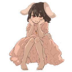 Rule 34 | 1girl, :d, animal ears, bad id, bad twitter id, barefoot, blush, brown hair, carrot necklace, dress, hands up, highres, inaba tewi, jewelry, looking at viewer, necklace, open mouth, pink dress, rabbit ears, red eyes, short hair, simple background, sitting, smile, solo, touhou, tsukiori, white background