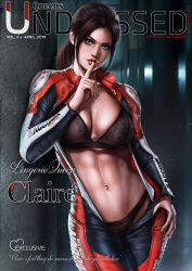 Rule 34 | 1girl, abs, against wall, biker clothes, bikesuit, black bra, black panties, bodysuit, bra, breasts, brown hair, claire redfield, cleavage, cover, dandon fuga, dated, finger to mouth, freckles, hand on own hip, highres, lace, lace-trimmed bra, lace-trimmed panties, lace trim, looking at viewer, magazine cover, panties, parted lips, ponytail, resident evil, resident evil 2, solo, stomach, toned, underwear, unzipped