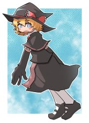 Rule 34 | 1girl, black capelet, black footwear, black gloves, black hat, black skirt, black vest, blonde hair, blue eyes, blush, bow, bright pupils, capelet, colorized, commentary request, cookie (touhou), full body, gloves, hair between eyes, hat, hat bow, highres, kirisame marisa, looking to the side, madore, mary janes, meguru (cookie), okusuri, open mouth, pantyhose, pointy ears, red bow, shoes, short hair, skirt, skirt set, solo, touhou, vest, white pantyhose, white pupils, witch hat