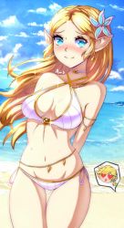 Rule 34 | 1girl, anisdrawn, armlet, arms behind back, beach, belly chain, bikini, blonde hair, blue eyes, blue sky, blush, breasts, chain, choker, cleavage, cloud, day, earrings, flower, gold chain, gold earrings, gold trim, hair flower, hair ornament, heart, heart-shaped eyes, highres, jewelry, link, long hair, looking at viewer, medium breasts, midriff, navel, nintendo, ocean, one-piece swimsuit, outdoors, parted bangs, pointy ears, princess zelda, signature, sky, smile, solo, sparkle, swimsuit, the legend of zelda, the legend of zelda: breath of the wild, triforce, white bikini, white one-piece swimsuit