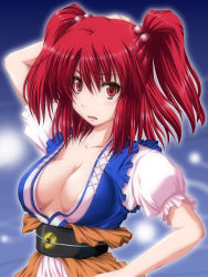 Rule 34 | 1girl, absurdres, blush, breasts, cleavage, female focus, hair bobbles, hair ornament, highres, medium breasts, nori tamago, onozuka komachi, red eyes, red hair, solo, touhou, twintails, two side up