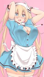 Rule 34 | 1girl, apron, arms up, blend s, blonde hair, blue dress, blue eyes, blush, breasts, bursting breasts, character name, cleavage, cowboy shot, dress, gloves, hair between eyes, headdress, highres, hinata kaho, kanachirou, large breasts, long hair, looking down, open mouth, parted lips, pink background, popped button, simple background, skindentation, solo, standing, thighhighs, thighs, twitter username, very long hair, waist apron, white gloves, white thighhighs