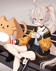 Rule 34 | 1girl, :t, ahoge, alternate costume, bandaid, bandaid on face, bandaid on knee, bandaid on leg, bench, black footwear, black shorts, blush, burger, burger king, cat hair ornament, child (isoliya), choker, crossed legs, cup, disposable cup, drinking straw, eating, eyebrows, food, food in mouth, food on face, girls&#039; frontline, grey background, hair between eyes, hair ornament, highres, holding, jacket, long hair, long sleeves, pkp (girls&#039; frontline), ponytail, shirt, shoes, short eyebrows, shorts, side ponytail, sitting, sneakers, solo, stuffed animal, stuffed cat, stuffed toy, thick eyebrows, very long hair, white hair, white shirt, yellow eyes