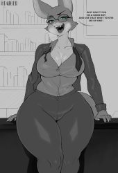 Rule 34 | absurdres, breasts, cleavage, collarbone, diane foxington, dreamworks, fangs, fox, furry, glasses, highres, looking at viewer, covered erect nipples, sharp teeth, smile, solo, tagme, taiger, teeth, text focus, the bad guys (film), wide hips
