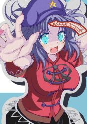Rule 34 | 1girl, akiposo2580, bad id, bad pixiv id, blue eyes, blue hair, breasts, fangs, female focus, hat, jiangshi, large breasts, matching hair/eyes, miyako yoshika, ofuda, open mouth, outstretched arms, short hair, short sleeves, skirt, solo, star (symbol), touhou, zombie pose