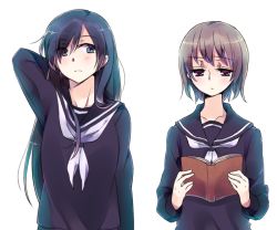 Rule 34 | 2girls, book, kimino tomonari, long hair, multiple girls, open book, original, reading, sailor collar, school uniform, short hair