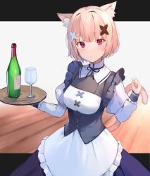 Rule 34 | 1girl, absurdres, alternate costume, animal ear fluff, animal ears, apron, blonde hair, blurry, blurry background, bottle, breasts, cat ears, cat tail, clenched hand, commission, corset, cup, dress, drinking glass, enmaided, feet out of frame, frilled apron, frilled sleeves, frills, hair ornament, hands up, highres, holding, holding plate, maid, medium breasts, medium hair, nekomata, o o, original, plate, red eyes, ryou (ponpgo), skeb commission, solo, tail, tray, wine bottle, wine glass, wooden floor, x hair ornament