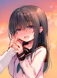Rule 34 | 1boy, 1girl, black hair, black sailor collar, blush, collarbone, commentary request, crying, crying with eyes open, grey neckerchief, hair between eyes, hand on another&#039;s face, highres, long hair, long sleeves, neckerchief, nose blush, open mouth, original, out of frame, outdoors, purple eyes, sailor collar, school uniform, serafuku, shirt, sleeves past fingers, sleeves past wrists, solo focus, sunset, tears, upper body, usashiro mani, white shirt