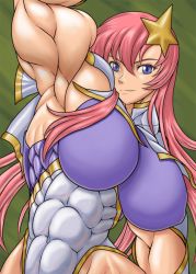 Rule 34 | 00s, abs, arm up, armpits, biceps, breasts, extreme muscles, gundam, gundam seed, gundam seed destiny, large breasts, meer campbell, muscular, naughty face, pink hair, purple hair, ren (tainca2000), smile, star (symbol)