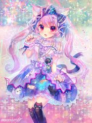 Rule 34 | 1girl, :d, amo (shibu3), animal ear legwear, animal ears, animal print, artist name, badge, black nails, black thighhighs, blue bow, blue dress, blush, bow, button badge, cat ear legwear, cat ears, cat print, center frills, chain, chain necklace, commentary request, dress, fang, frilled bow, frills, glitter, hair bow, highres, jewelry, long hair, looking at viewer, multicolored clothes, multicolored dress, nail polish, neck ribbon, necklace, open mouth, original, over-kneehighs, overskirt, paw pose, pendant, print dress, purple dress, purple eyes, purple hair, purple ribbon, ribbon, sash, skirt hold, smile, solo, sparkle, thighhighs, twintails, v-shaped eyebrows, wrist cuffs