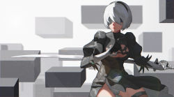 Rule 34 | 1girl, absurdres, black blindfold, black dress, black gloves, blindfold, breasts, cleavage, closed mouth, dress, gloves, hair between eyes, headband, highres, holding, holding sword, holding weapon, katana, leotard, lips, long sleeves, meng xi ds, nier:automata, nier (series), shadow, short hair, solo, sword, thighhighs, weapon, white hair, 2b (nier:automata)