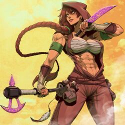 Rule 34 | 1girl, abs, absurdres, axe, breasts, chest sarashi, cleavage, danusko, dual wielding, earrings, facepaint, feathers, gloves, highres, holding, jewelry, knife, large breasts, long braid, long hair, muscular, muscular female, open clothes, orange background, orange eyes, original, pouch, red hair, sarashi, solo, toned