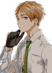 Rule 34 | 1boy, axis powers hetalia, black gloves, blonde hair, closed mouth, collared shirt, commentary request, gloves, green eyes, green necktie, hand on own chin, long sleeves, looking at viewer, male focus, necktie, nori20170709, shirt, short hair, sideways glance, simple background, solo, united kingdom (hetalia), upper body, white background, white shirt
