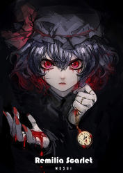 Rule 34 | 1girl, black background, blood, blood on face, blood in hair, blood on hands, blue hair, character name, closed mouth, commentary request, fingernails, hair between eyes, hare (yamihuji), hat, hat ribbon, highres, holding, lips, looking at viewer, mob cap, nail polish, pocket watch, portrait, red eyes, red lips, red nails, red ribbon, remilia scarlet, ribbon, serious, simple background, solo, touhou, watch
