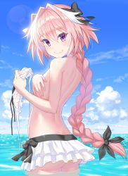 Rule 34 | (tat), 1boy, ass, astolfo (fate), bikini, bikini skirt, bikini top only, black bow, blue sky, blush, bow, braid, braided ponytail, cloud, commentary request, day, fang, fate/grand order, fate (series), from behind, hair bow, hair intakes, hair ribbon, highres, holding, holding bikini, holding bikini top, holding clothes, holding swimsuit, in water, long braid, long hair, looking at viewer, male focus, multicolored hair, official alternate costume, outdoors, pink hair, purple eyes, ribbon, single braid, skin fang, sky, solo, streaked hair, swimsuit, topless male, trap, wading, water, white hair