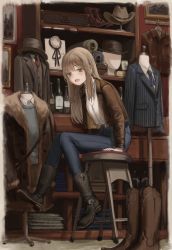Rule 34 | 1girl, absurdres, ankle boots, belt boots, blouse, blue pants, bomber jacket, boots, brown footwear, brown jacket, cowboy boots, denim, formal, fur-trimmed jacket, fur trim, gold can, hat, highres, jacket, jeans, jewelry, knee boots, long hair, long sleeves, looking at viewer, necklace, open clothes, open jacket, open mouth, original, pants, pants tucked in, shelf, shirt, shirt tucked in, shop, sitting, smile, stool, suit, white shirt