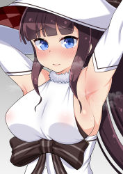 Rule 34 | 1girl, absurdres, armpits, arms up, blue eyes, blush, bow, brown bow, brown hair, closed mouth, commentary request, covered erect nipples, furrowed brow, gradient background, highres, kirara fantasia, long hair, looking at viewer, new game!, see-through, solo, striped, striped bow, sura sura, sweat, takimoto hifumi, upper body
