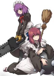 Rule 34 | 2girls, aqua eyes, blue bow, bow, broom, chainsaw, hair bow, highres, hisui (tsukihime), holding, holding broom, juliet sleeves, long sleeves, looking at viewer, maid, maid headdress, mecha hisui, multiple girls, orange eyes, puffy sleeves, purple hair, red hair, robot girl, short hair, simple background, spike ball, tierra misu, tsukihime, white background, wide sleeves