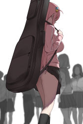 Rule 34 | 1girl, absurdres, accidental exposure, ass, bag, black skirt, black socks, bocchi the rock!, breasts, clothes lift, cube hair ornament, faceless, faceless female, gigbag, gotoh hitori, guitar case, hair ornament, highres, holding, holding bag, instrument case, jacket, kneehighs, kneepits, large breasts, one side up, panties, pantyshot, people, pink hair, pink jacket, pleated skirt, ricochet-gou, school uniform, simple background, skirt, skirt caught on object, skirt lift, socks, solo focus, underwear, white background, white panties