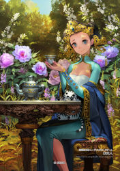 Rule 34 | 1girl, black hair, blue eyes, braid, breasts, chair, character request, chinese clothes, cleavage, clothing cutout, cup, dragon, flower, foliage, headpiece, holding, holding cup, looking at viewer, outdoors, plant, sangokushi taisen, shawl, sitting, smile, solo, stuffed animal, stuffed toy, table, takayama toshiaki, teacup, teapot, tiger, tree, updo, white tiger