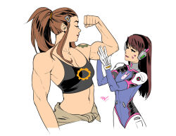 Rule 34 | 2girls, bare shoulders, black shirt, breasts, brigitte (overwatch), brown hair, crop top, d.va (overwatch), facial mark, flexing, hair ornament, hair pulled back, hair tie, hairclip, hands on another&#039;s arm, headphones, long hair, looking at another, medium breasts, midriff, multiple girls, muscular, muscular female, navel, overwatch, pilot suit, shirt, shoulder tattoo, sidelocks, smile, tattoo, upper body, vashperado, whisker markings, white background, wide ponytail