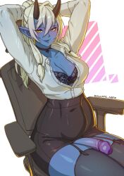 Rule 34 | 1girl, black bra, black choker, black horns, black skirt, black thighhighs, blue skin, bra, breasts, chair, choker, colored skin, futanari, grey hair, hair between eyes, highres, horns, large breasts, long hair, long sleeves, looking at viewer, office chair, office lady, original, partially unbuttoned, pencil skirt, penis, shirt, shirt tucked in, sitting, skirt, smile, solo, sulcate, swivel chair, thighhighs, uncensored, underwear, white shirt
