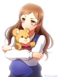 Rule 34 | 1girl, bow, bowtie, brown hair, holding, idolmaster, idolmaster million live!, kitazawa shiho, long hair, ookami maito, red bow, simple background, solo, stuffed animal, stuffed toy, teddy bear, upper body, white background, yellow eyes