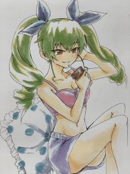 Rule 34 | 1girl, absurdres, anchovy (girls und panzer), black ribbon, bottle, breasts, brown eyes, closed mouth, commentary, drill hair, frilled pillow, frills, girls und panzer, green hair, grey shorts, hair ribbon, hand in own hair, highres, holding, holding bottle, long hair, looking to the side, marker (medium), navel, pillow, pink sports bra, ribbon, sawamaru30, short shorts, shorts, sitting, small breasts, smile, solo, sports bra, sportswear, traditional media, twin drills, twintails, water bottle