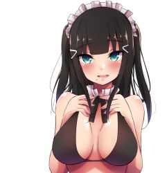 Rule 34 | 10s, 1girl, bikini, black bikini, black hair, blush, breasts, cleavage, collar, green eyes, hair ornament, hairclip, headband, highres, hime cut, kurosawa dia, large breasts, long hair, looking at viewer, love live!, love live! sunshine!!, maid headdress, mistynight, mole, mole under mouth, open mouth, simple background, solo, standing, swimsuit, upper body, white background