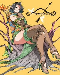 1girl arrow_(projectile) black_hair blue_hair boots bow_(weapon) breasts brown_gloves closed_mouth elbow_gloves fairy gloves gradient_hair hand_up high_heel_boots high_heels kafun light_smile looking_at_viewer multicolored_hair navel original pointy_ears quiver short_hair simple_background sitting skindentation solo thigh_boots two-tone_hair weapon yellow_background yellow_eyes