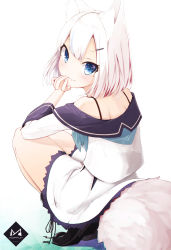 Rule 34 | 1girl, absurdres, animal ears, artist name, bare shoulders, black footwear, blue neckerchief, blush, boots, closed mouth, commentary request, fang, from behind, hair ornament, hairclip, head rest, head tilt, highres, knee boots, long sleeves, looking at viewer, looking back, mayogii, medium skirt, neckerchief, off-shoulder shirt, off shoulder, original, parted bangs, shirt, short hair, shoulder blades, simple background, skirt, smile, solo, spaghetti strap, squatting, tail, tiptoes, tsurime, white background, white hair, white shirt, white skirt, white theme