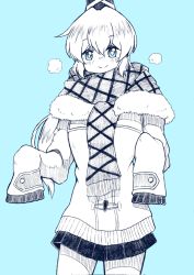 Rule 34 | 1girl, blue background, blue eyes, bright pupils, closed mouth, corrupted twitter file, cowboy shot, fur trim, gurajio, hat, highres, limited palette, long sleeves, looking at viewer, mononobe no futo, plaid, plaid scarf, scarf, simple background, skirt, sleeves past fingers, sleeves past wrists, smile, solo, standing, tate eboshi, touhou, white pupils, winter clothes