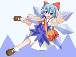 Rule 34 | 1girl, bag, blue eyes, blue hair, blush, bow, cirno, dress, hair bow, hiro (pqtks113), laughing, matching hair/eyes, outstretched arm, outstretched hand, ribbon, shoes, short hair, socks, solo, touhou, wings