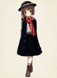 Rule 34 | 1girl, alternate costume, bad id, bad twitter id, belt, blush, boots, bow, breath, brown eyes, brown hair, coat, full body, hair bow, hair ornament, hat, hat ribbon, long sleeves, md5 mismatch, plaid, plaid scarf, resized, ribbon, scarf, shirt, short hair, simple background, skirt, solo, touhou, usami renko, yujup