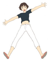 Rule 34 | 00s, 1girl, black shirt, blouse, brown eyes, brown hair, full body, gake no ue no ponyo, jas (littlecrime), lisa (ponyo), looking at viewer, midriff, navel, open mouth, outstretched arms, pants, shirt, shoes, short hair, smile, solo, studio ghibli, white background