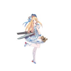 Rule 34 | 1girl, alternate costume, armband, bare shoulders, blonde hair, blue eyes, blue footwear, blue hat, blue neckwear, blue ribbon, blush, bow, breasts, butterfly ornament, cleavage, cuffs, deck, dress, floral print, frilled dress, frills, from side, full body, hair ornament, hairclip, handcuffs, hat, hat bow, hat ribbon, high heels, holding, leg up, lolita fashion, long hair, looking at viewer, machinery, medium breasts, official art, open mouth, pantyhose, ribbon, saratoga (warship girls r), shoes, smile, solo, stuffed animal, stuffed toy, suisai., teddy bear, transparent background, turning head, warship girls r, white pantyhose
