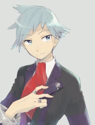 Rule 34 | 1boy, black jacket, closed mouth, collared shirt, commentary request, creatures (company), game freak, grey background, grey eyes, grey hair, hand up, jacket, jewelry, long sleeves, looking to the side, male focus, necktie, niimura (csnel), nintendo, pokemon, pokemon oras, red necktie, ring, shirt, short hair, smile, solo, steven stone, upper body, white shirt