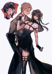 Rule 34 | 1boy, 1girl, bare shoulders, black dress, black hair, black thighhighs, blonde hair, blush, boots, breasts, brown eyes, choker, cleavage, couple, cowboy shot, dress, fingerless gloves, flower, formal, gloves, gold hairband, hair between eyes, hair flower, hair ornament, hairband, hand on another&#039;s arm, hands on own cheeks, hands on own face, highres, jacket, large breasts, leg up, long hair, looking at another, necktie, open mouth, parted bangs, sera (serappi), shirt, short hair, sidelocks, spy x family, suit, thigh boots, thighhighs, twilight (spy x family), white background, white shirt, yor briar