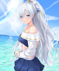 Rule 34 | 1girl, anastasia (fate), anastasia (swimsuit archer) (fate), anastasia (swimsuit archer) (third ascension) (fate), bare shoulders, beach, bikini, blue bikini, blue eyes, blue skirt, blue sky, blush, bow, breasts, collarbone, fate/grand order, fate (series), grin, hair bow, hair over one eye, highres, jewelry, large breasts, long hair, long sleeves, looking at viewer, miniskirt, necklace, ocean, ozakinggg, ponytail, puffy long sleeves, puffy sleeves, silver hair, skirt, sky, smile, solo, swimsuit, very long hair
